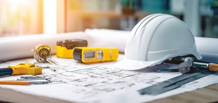 The construction helmet and tools on architectural blueprints for project planning.