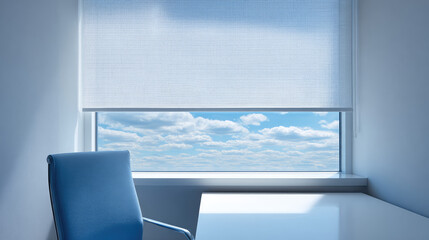 A blue chair and white desk are positioned near a window with a view of clouds and a partial roller blind. Minimalistic office setting, peaceful and airy