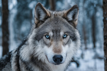 Fototapeta premium A photograph of an adult wolf in the forest