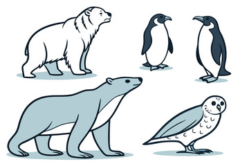 Naklejka premium Arctic Animal Vector Collection with Polar Bears Seals and Other Wildlife