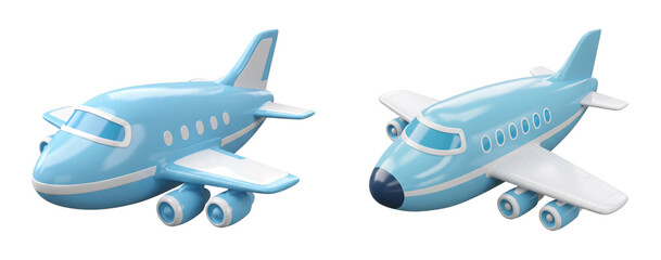 Isolated on a white background, a blue commercial airplane or jet is captured mid-flight, perfect for aviation and travel themes