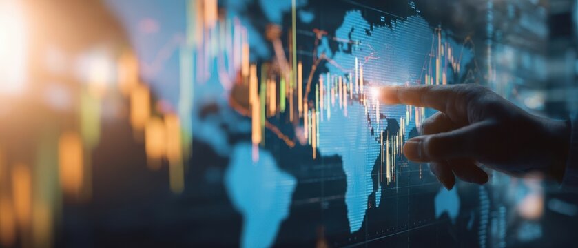 The finger pointing at a global data visualization on a digital interface