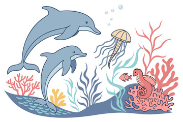 Underwater Sea Life Icon and Background Set with Various Marine Elements