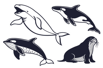 Aquatic Mammal Icon Set Vector Illustration of Whales Dolphins and Other Sea Creatures
