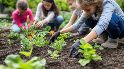 A community garden with families working together, kids learning to plant seeds, and parents offering guidance, with colorful plants and fresh soil. —ar 16:9 