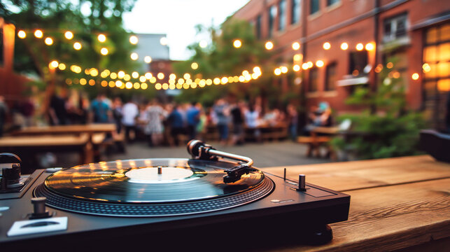 Atmospheric outdoor gathering with dj vinyl records playing, warm lights glowing, and joyful people enjoying the evening