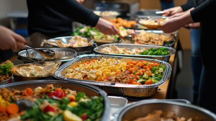 Obraz premium A community potluck dinner with neighbors sharing food and stories, strengthening bonds and fostering relationships in a welcoming space. —ar 16:9 