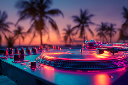 Vibrant sunset sets the stage for an electrifying beach party with turntables and palm trees