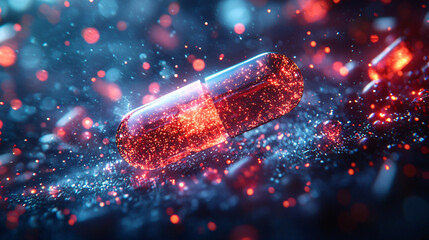 Vibrant Red Capsule With Glowing Particles and Abstract Background