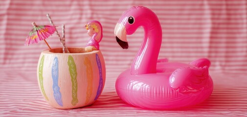 The vibrant pink flamingo float alongside a colorful drink decoration.