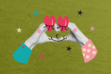 Contemporary art collage of human hands show heart gesture like feedback blogging reaction...