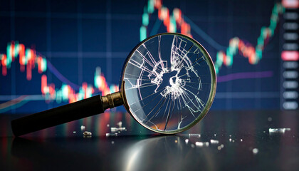 Damaged magnifying glass over fluctuating stock chart. Analytical breakdown. Unclear market insights