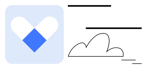 Blue heart, outlined cloud, and horizontal lines suggest harmony, connection, simplicity, and data transfer. Ideal for love, care, communication cloud services networking minimalism