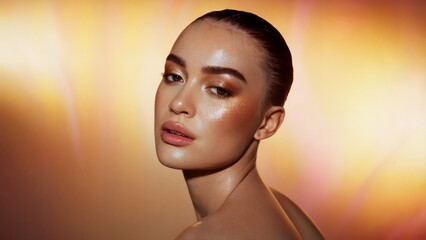 Close-up glowing dewy makeup look on model – Glowing dewy makeup beauty portrait with glossy skin – Radiant glowing dewy makeup shot for skincare and cosmetics