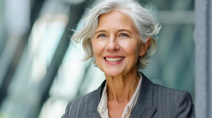 Portrait of senior business woman holding digital tablet while standing at office.Portrait of gray-haired mature woman in working on laptop. - Powered by Adobe