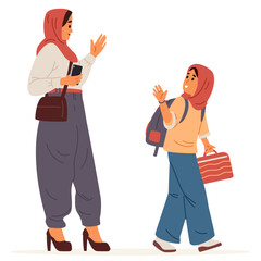 Arabian mother saying good buy to her daughter before school flat vector illustration isolated on white. 