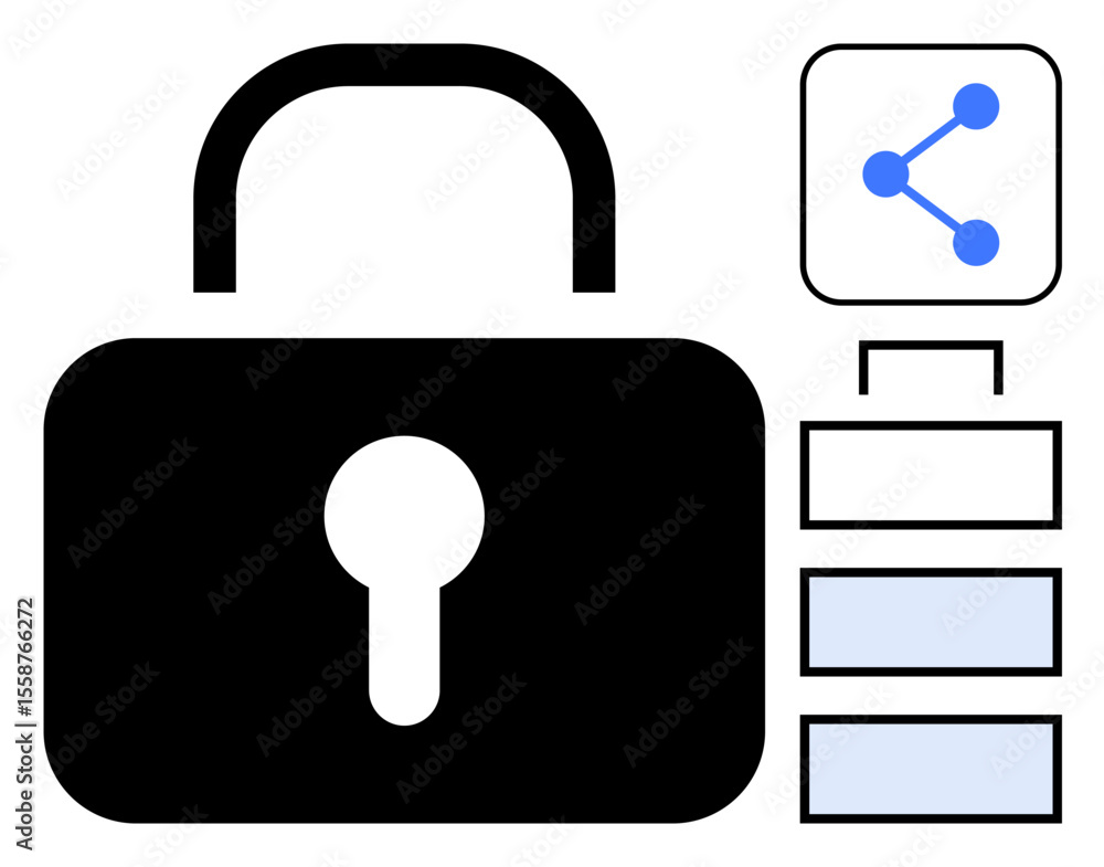 Aufkleber black lock symbolizing security, interconnected network icon, and hierarchical flowchart. ideal for 