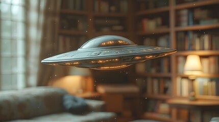 Retro inspired Toy UFO Soaring Over a Cozy Living Room