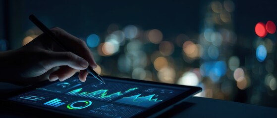 The tablet displaying interactive financial analytics against a city skyline at night.