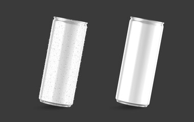 Slim cans in silver isolated on black background, canned with water drops, canned with water drops,...