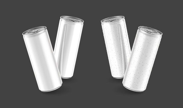 Two slim cans in silver isolated on black background, canned with water drops, canned with water drops, set of metal can for mockup