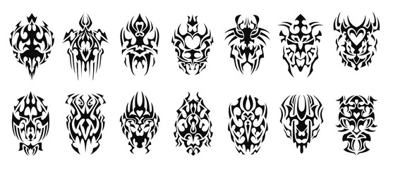 A detailed vector set of tribal tattoo elements with bold black lines, traditional curves, and symmetrical designs. Great for use in tattoo art, cultural graphics, warrior motifs, or decor.