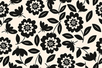 Retro black floral and leaf pattern on a beige background. Bold, layered flower shapes and butterflies create a vintage, playful botanical design.