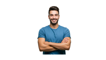 Indoor portrait of young european man standing in blue t-shirt with crossed arms, smiling and looking at camera