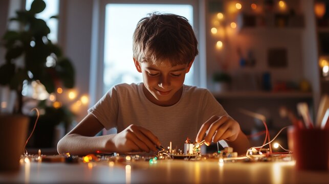 Young boy focuses on building electronic circuits at home during evening hours surrounded by warm lights