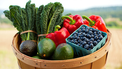 A wooden basket filled with colorful vegetables and fruits sits in a farming area, featuring kale, bell peppers, avocados, and blueberries, highlighting the freshness of the harvest.