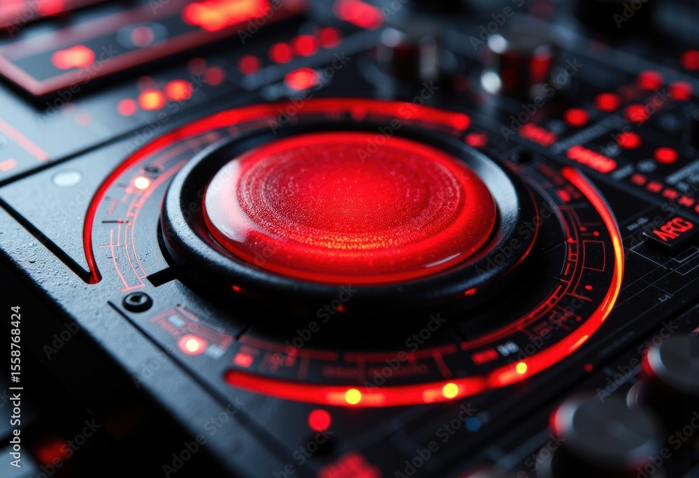 Poster close-up of a dj controller with illuminated red controls and a glowing central pad