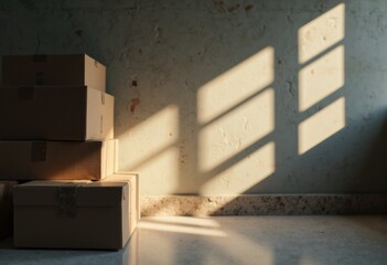 Obraz premium Sunlight streams through a window, casting geometric shadows on a textured wall with cardboard boxes stacked nearby