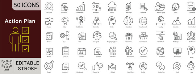Action Plan Line Icons: Goals, Strategy, Progress and Business Management Vectors. Editable Stroke