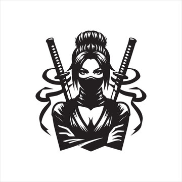 A stylized illustration of a female ninja, armed with two katanas, ready for action.
