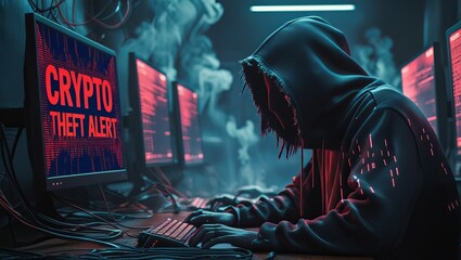 A mysterious figure in a hoodie works intently at a dimly lit workstation, highlighting a crypto theft alert on the screen.