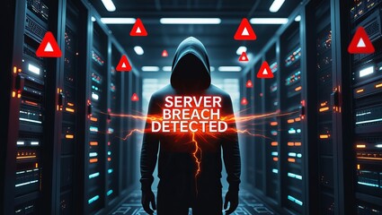 Mysterious figure in a hoodie stands in a data center, highlighting a server breach threat with glowing warnings around them.