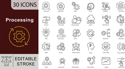 Processing Line Icons: Business Operations, Data and Automation Vectors. Editable Stroke