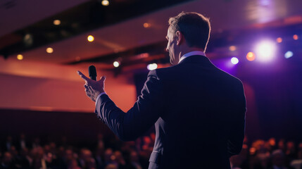 A corporate executive giving a speech at an industry conference, sharing insights on the future of business and leadership. —ar 16:9 