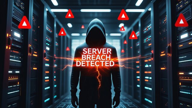 Mysterious figure in a hoodie stands in a data center, highlighting a server breach threat with glowing warnings around them. - Powered by Adobe