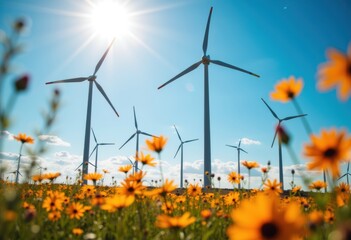 Wind turbines stand tall in a sunny field filled with yellow flowers under a bright blue sky