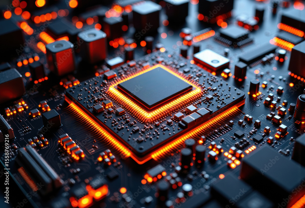 Poster close-up of a high-tech computer processor with glowing orange and red accents
