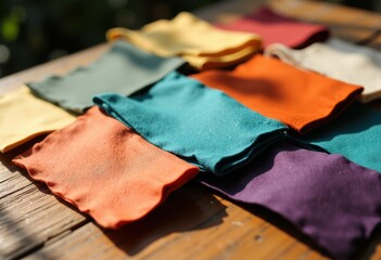 Colorful fabric pieces are neatly folded and arranged on a wooden surface outdoors