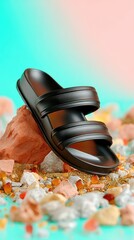 Black Leather Sandals on Colorful Pebbles