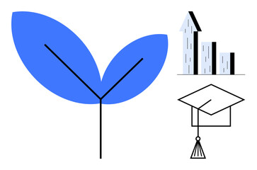 Abstract plant shape symbolizing growth, bar chart for success, and graduation cap for learning. Ideal for education, progress, sustainability, success, goals, innovation simple landing page
