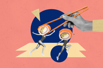 Composite poster image art collage of human hand hold chopsticks philadelphia sushi roll nutrition...