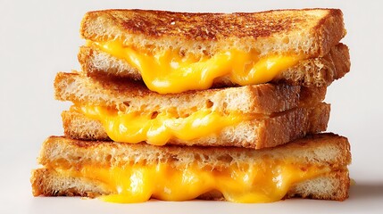 Three stacked grilled cheese sandwiches with gooey melted cheese
