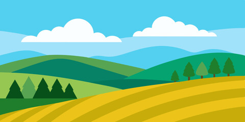 Obraz premium Vibrant cartoon landscape vector with green grass, blue sky, and a scenic view of mountains and hills