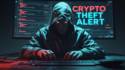 A dark-clad figure sits at a computer, illuminated by red and blue lights, as they monitor a crypto theft alert.