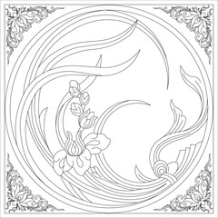 Detailed B&W line art of graceful floral elements and flowing lines within an ornate circular frame. Features intricate traditional East Asian natural style.