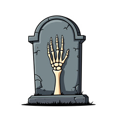 Skeleton hand emerging from tombstone, Halloween spooky graveyard illustration